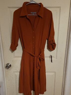 Sharagano Rust Button-Front Midi Shirt Dress with Self-Tie Waist